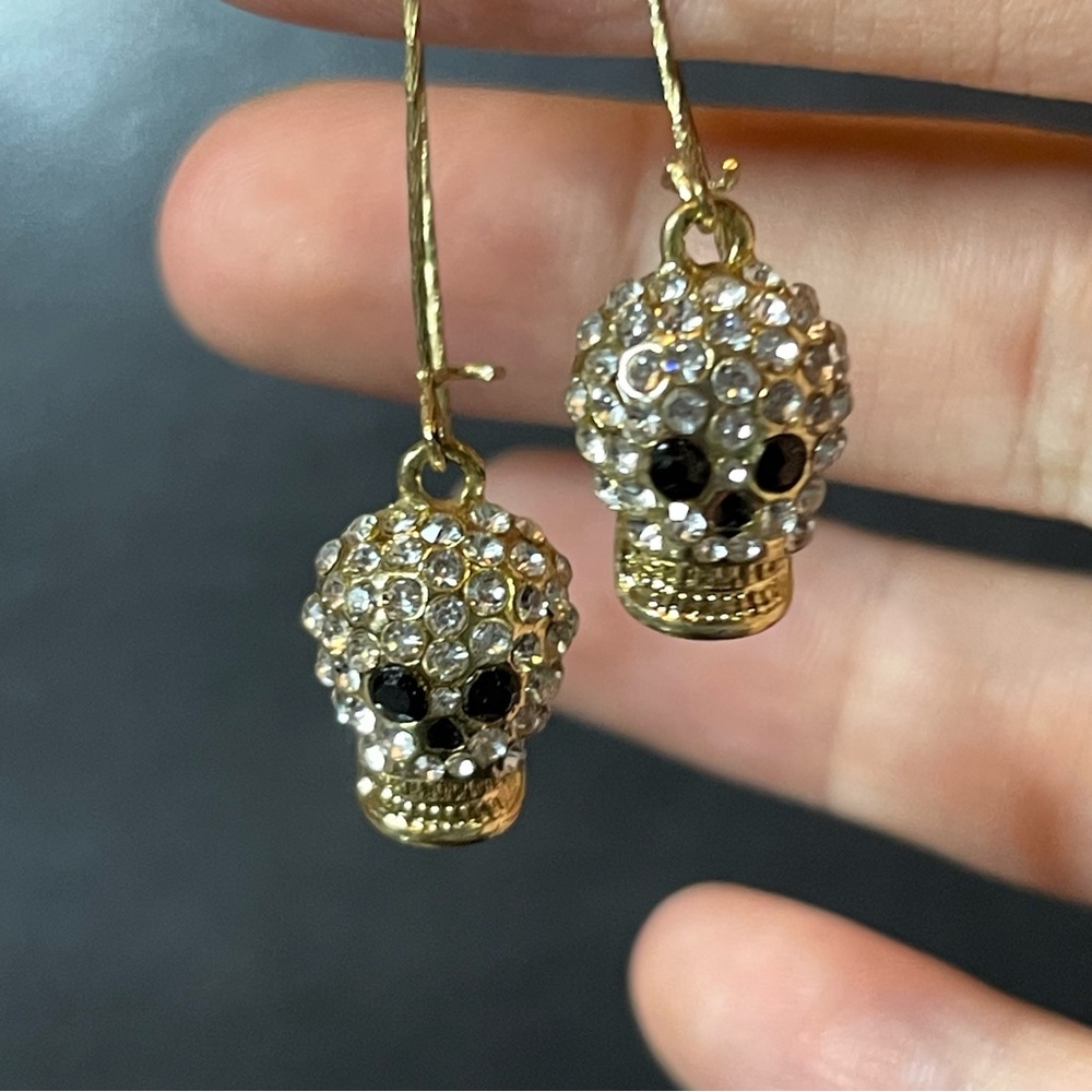 Gold Skull Earrings with Crystal Accents - Picture 6 of 7